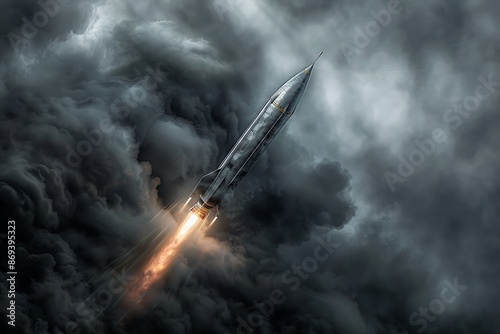 Rocket re-entry into atmosphere, minimalist, wide shot, metallic silver, dramatic lighting, Magnum photo style