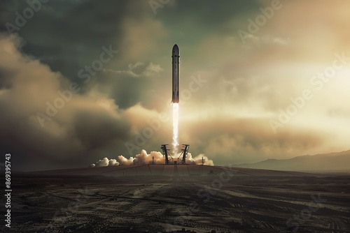 SpaceX rocket launch, minimalist, wide shot, dramatic lighting, metallic silver, Magnum photo style
