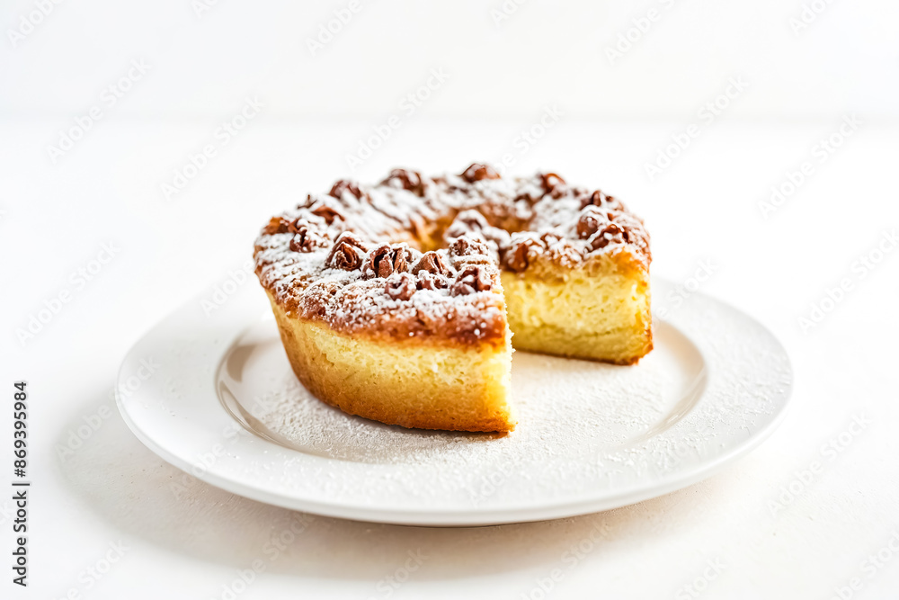 Delicious Cake with Powdered Sugar and Pecans on White Background Delicious Cake with Powdered Sugar and Pecans on White Background
