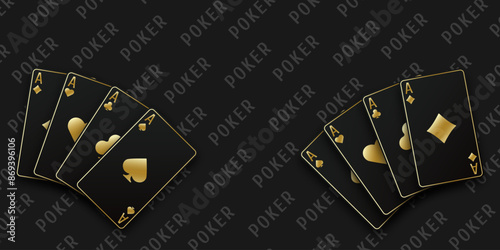 Black casino table background. A hand fan of playing cards consisting Ace of Spades, Diamonds, Clubs, Hearts. Vector illustration Casino of all the aces.