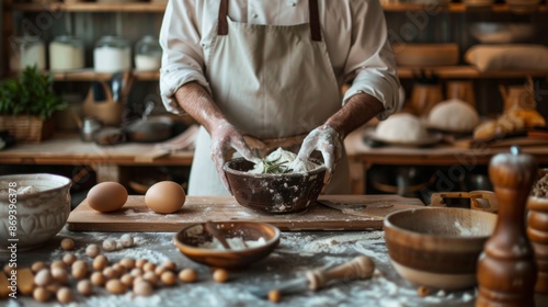 Dynamic baking scene with flour and ingredients in motion photo