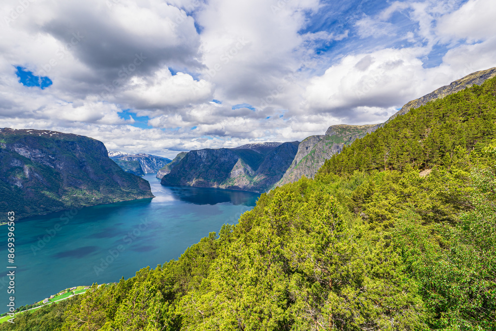 Fototapeta premium Blick vom Stegastein über den Aurlandsfjord in Norwegen