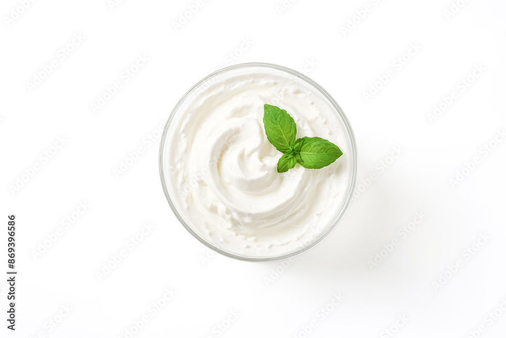Whipped Cream with Fresh Mint Leaves in a Glass Bowl Whipped Cream with Fresh Mint Leaves in a Glass Bowl
