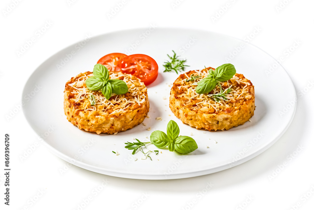 Baked Risotto with Tomato and Basil on White Plate Baked Risotto with Tomato and Basil on White Plate