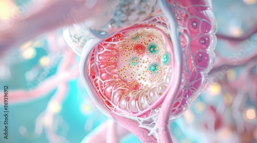 Close-up of the bladder with detailed structure, showcasing urine storage, bladder anatomy, medical illustration photo