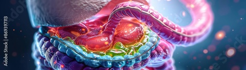 Close-up of the stomach with detailed structure, showcasing digestion process, stomach anatomy, medical illustration photo