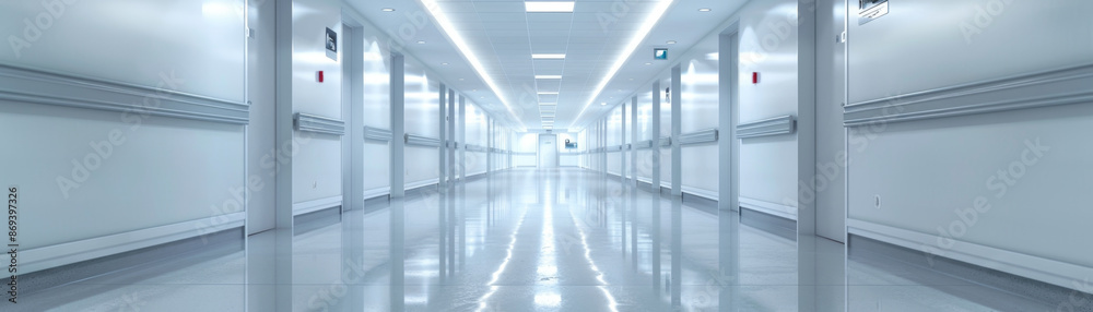 Clean, white hospital corridor with polished floors and soft lighting, creating an organized and sterile environment. Clean, white hospital corridor with polished floors and soft lighting, creating an organized and sterile environment.