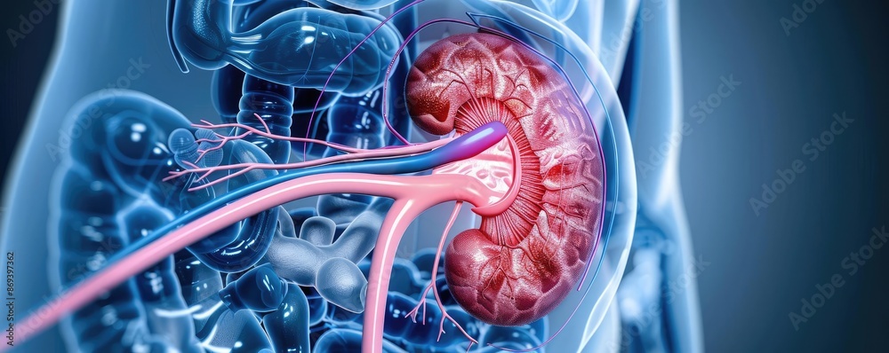Kidney Function Set Detailed cutaway of the kidneys, showing internal structures related to ...