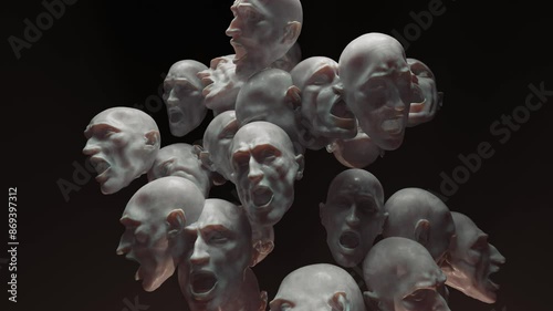 voices in my head and obsessive thoughts, 3D concept, a lot of human heads shaking and screaming