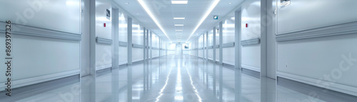 Clean, white hospital corridor with polished floors and soft lighting, creating an organized and sterile environment.