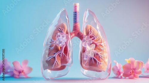 Detailed cutaway of the lungs, showing internal structures related to respiration and alveoli functions, medical illustration photo