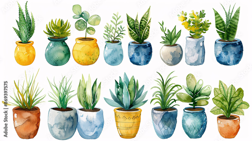 Hand-drawn watercolor-style houseplants in modern pots on white background Hand-drawn watercolor-style houseplants in modern pots on white background