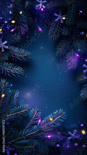 Christmas themed background with purple Christmas tree branches and decorations © Derby