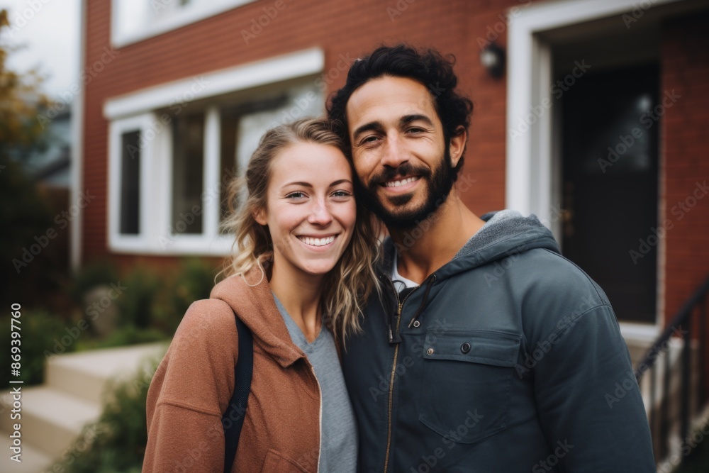 Smiling portrait of a young couple in front of their house Smiling portrait of a young couple in front of their house