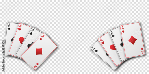 A hand fanned of playing cards. Ace of Spades, Diamonds, Clubs, Hearts. Vector illustration Casino or Poker of all the aces. Transparent background.