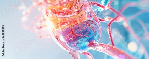 3D rendering of the bladder showing urine storage process, intricate details, urinary system, medical model