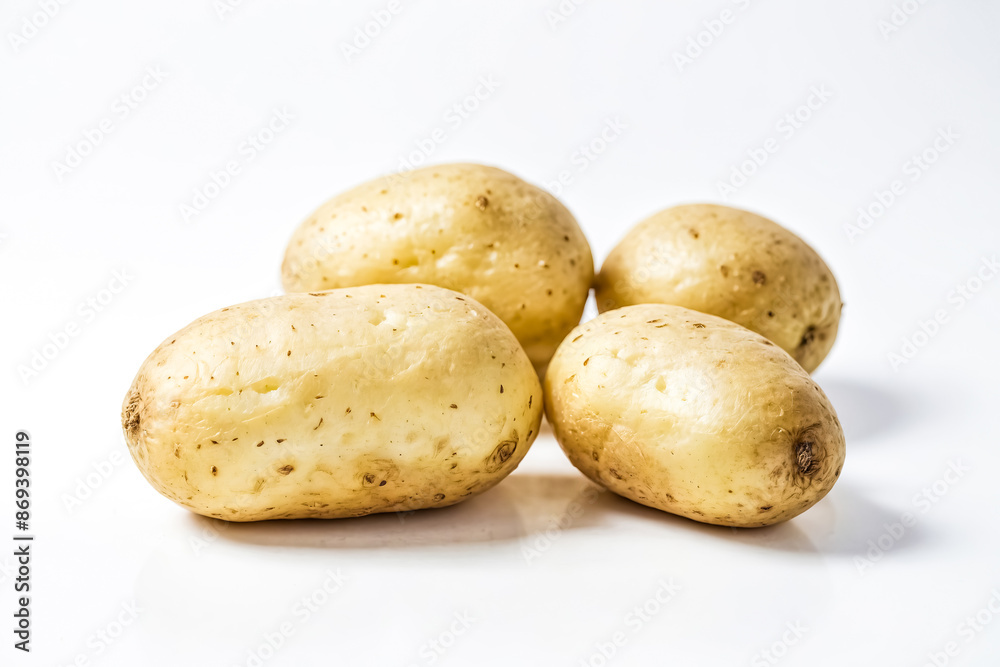 Closeup of four whole yellow potatoes on a white background Closeup of four whole yellow potatoes on a white background