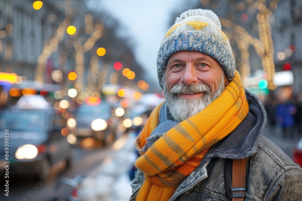 Smiling Senior Man Wearing Winter Clothing in Urban Setting Smiling Senior Man Wearing Winter Clothing in Urban Setting