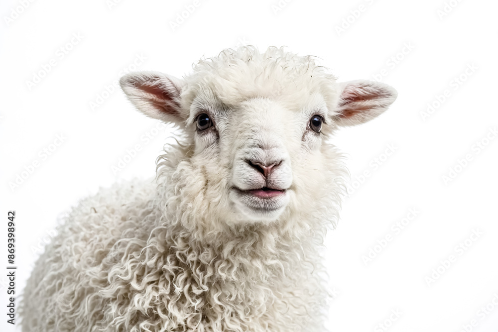 Close-up of a fluffy white sheep lamb looking at the camera Close-up of a fluffy white sheep lamb looking at the camera