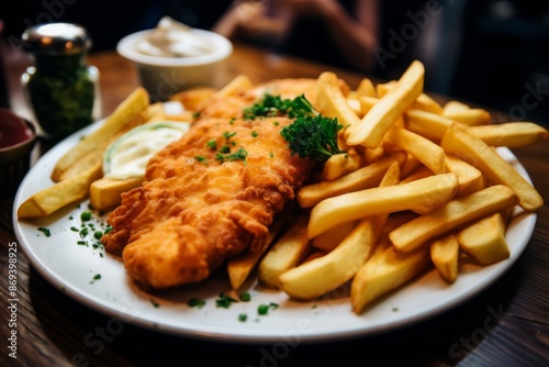 Fish and chips served on plate