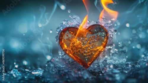 A fiery heart melting on ice with dramatic smoke effects, symbolizing passion and intense emotions. photo