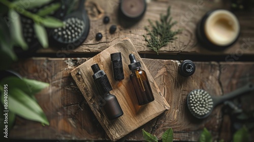 Natural skincare products on a wooden surface photo