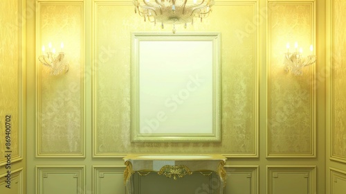 A luxurious bathroom with a chandelier, a single empty frame on a soft yellow wall, illuminated by ambient lighting.