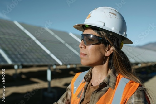 Portrait of a middle aged Hispanic female engineer on solar farm © Vorda Berge
