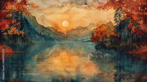 Mystical watercolor painting of an autumn lake with a glowing jungle background