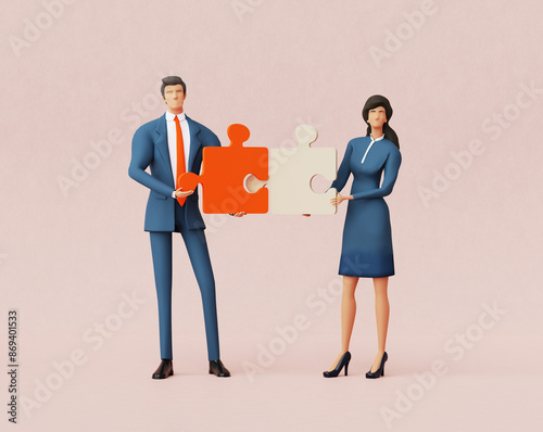 Successful business people work together with puzzles, business concept illustration 3D rendering