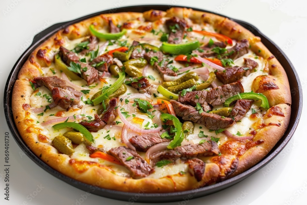 Tempting Cheesesteak Skillet Pizza with Shaved Sirloin and Pickled Peppers