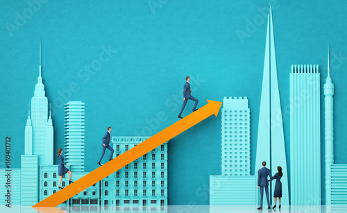 Business people and ladder of success in the City, concept 3D illustration with beautiful city skyscrapers, office buildings and copy space for text. 3D renering photo