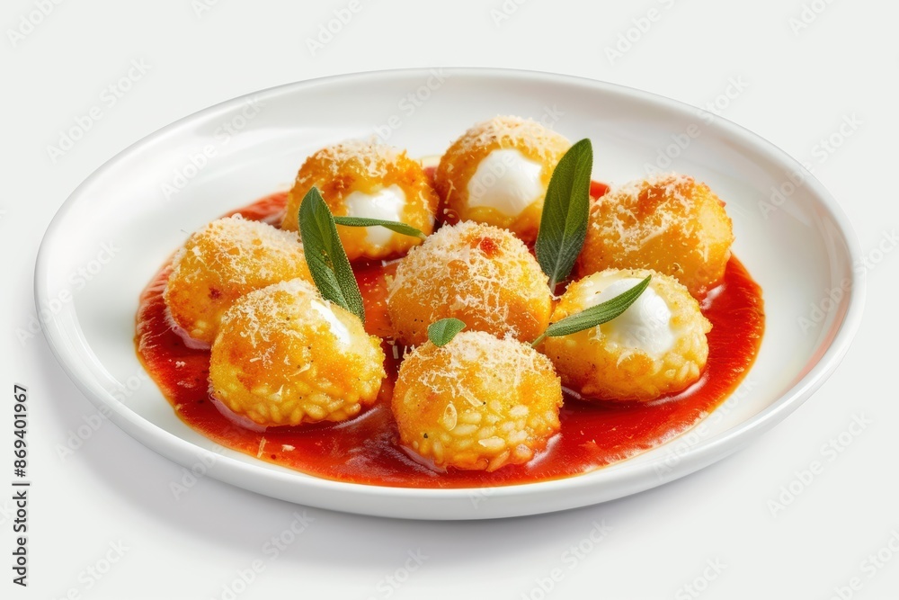 Delicious Arancini with Melting Mozzarella and Tomato Sauce Delicious Arancini with Melting Mozzarella and Tomato Sauce