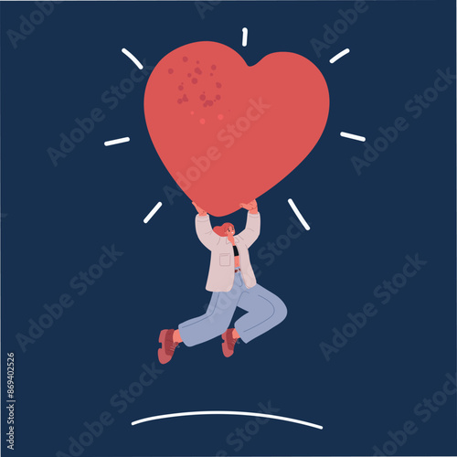 Carton vector illustration of woman jumping high holding large red heart over dark background