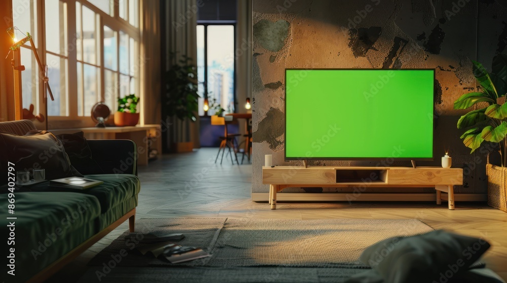 Contemporary lounge area with green-screen TV setup Contemporary lounge area with green-screen TV setup