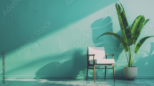 Stylish chair and potted plant in a bright room photo