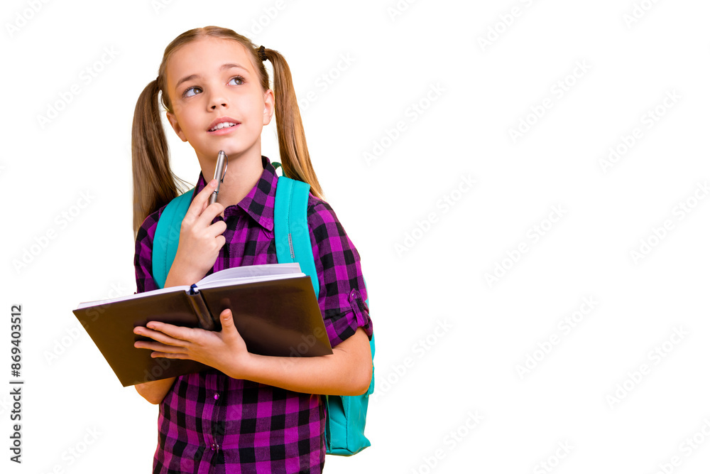 Photo of little lady diligent pupil notepad hands imagine flight pencil chin wear casual checkered shirt isolated yellow background Photo of little lady diligent pupil notepad hands imagine flight pencil chin wear casual checkered shirt isolated yellow background