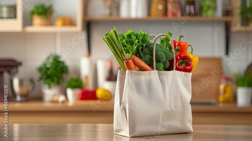 Reusable shopping bag filled with fresh vegetables like kale, carrots, and bell peppers on a kitchen counter, highlighting sustainable and healthy grocery choices.

 photo