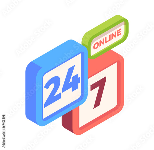 Online shopping. Isometric icon with symbol of online store working 24 hours 7 days week. Marketplace with delivery anytime. Ecommerce on Internet. 3D vector illustration isolated on white background