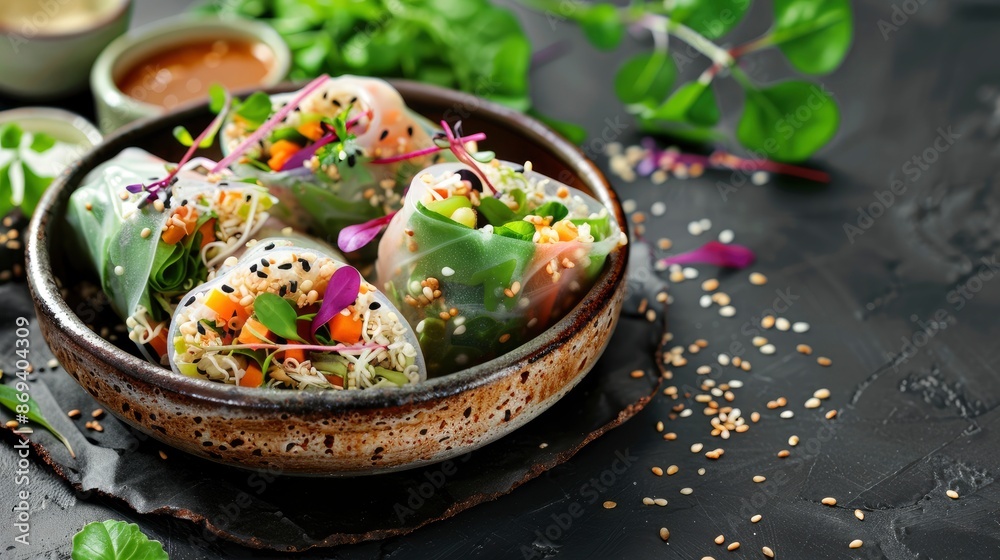 Vegan Detox Spring Rolls With Quinoa, Sprouts, And Thai Peanut Sauce, A Healthy And Refreshing Dish Vegan Detox Spring Rolls With Quinoa, Sprouts, And Thai Peanut Sauce, A Healthy And Refreshing Dish