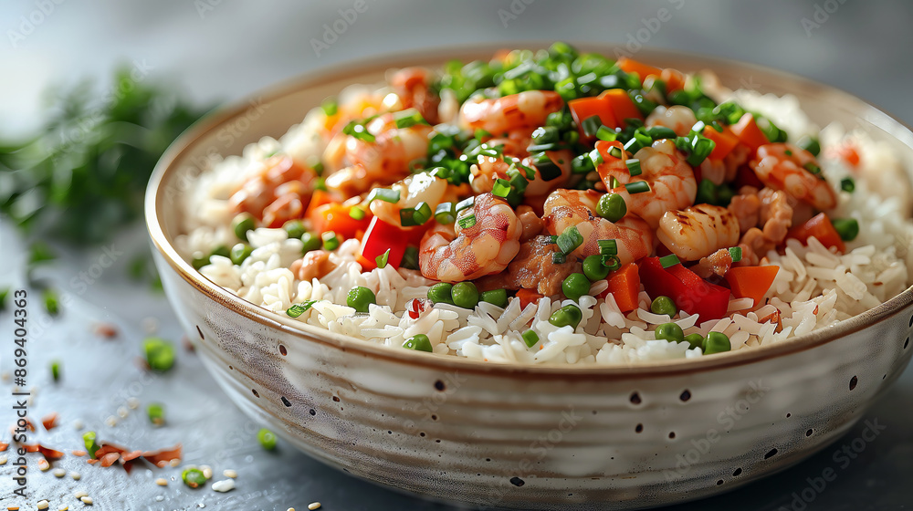 Egg Fried Rice: Cooked rice stir-fried with beaten eggs, vegetables, soy sauce, and  shrimp.