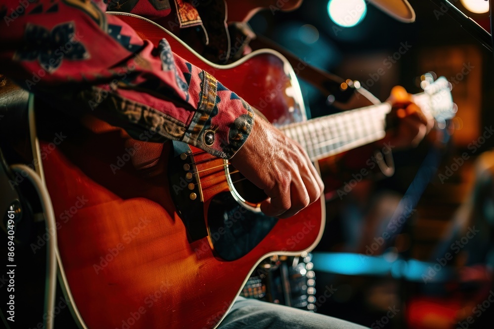 Obraz premium Close-up of musician's hands playing acoustic guitar