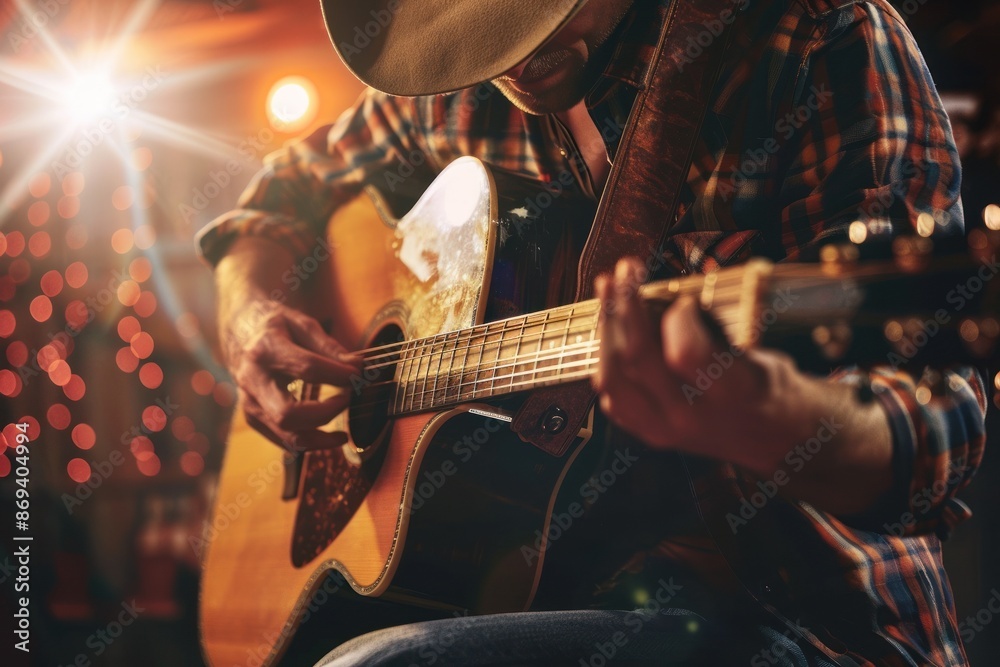 Obraz premium Close-up of cowboy's hand strumming guitar's strings