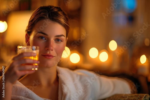 Young woman holding a glass of whiskey, sitting comfortably in a warmly lit room, enjoying a peaceful and relaxing moment.

