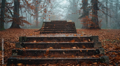 Stone Steps Leading Through Foggy Autumn Forest