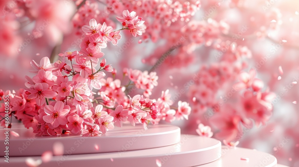 Pink cherry blossoms in full bloom with petals falling, creating a romantic and serene springtime scene. Pink cherry blossoms in full bloom with petals falling, creating a romantic and serene springtime scene.