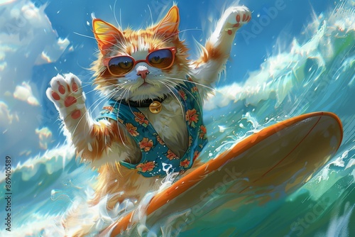 Adorable orange cat surfing on a wave, wearing sunglasses and a Hawaiian shirt, capturing a fun and whimsical summer vibe.

 photo