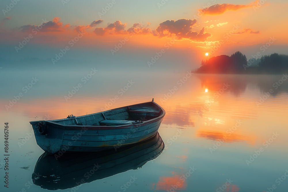 Fototapeta premium Fishing boat anchored on a calm lake at sunrise