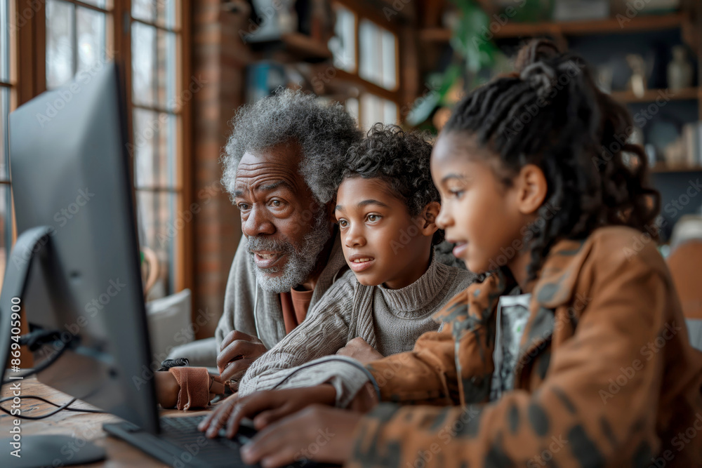 Family with grandfather at the computer. Great for depicting multi-generational tech use and family bonding. Ideal for educational and tech industries. Family with grandfather at the computer. Great for depicting multi-generational tech use and family bonding. Ideal for educational and tech industries.