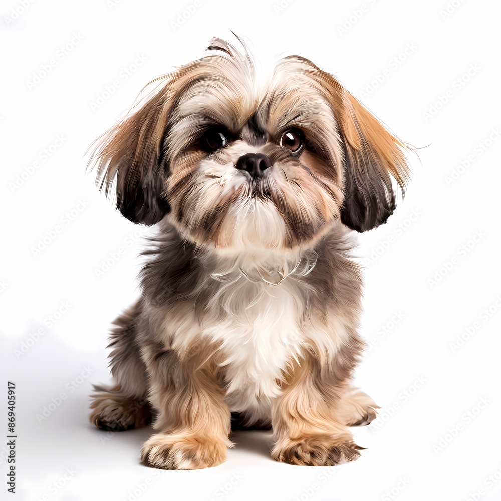 Shih tzu dog breed standing against white background, AI Generated Shih tzu dog breed standing against white background, AI Generated